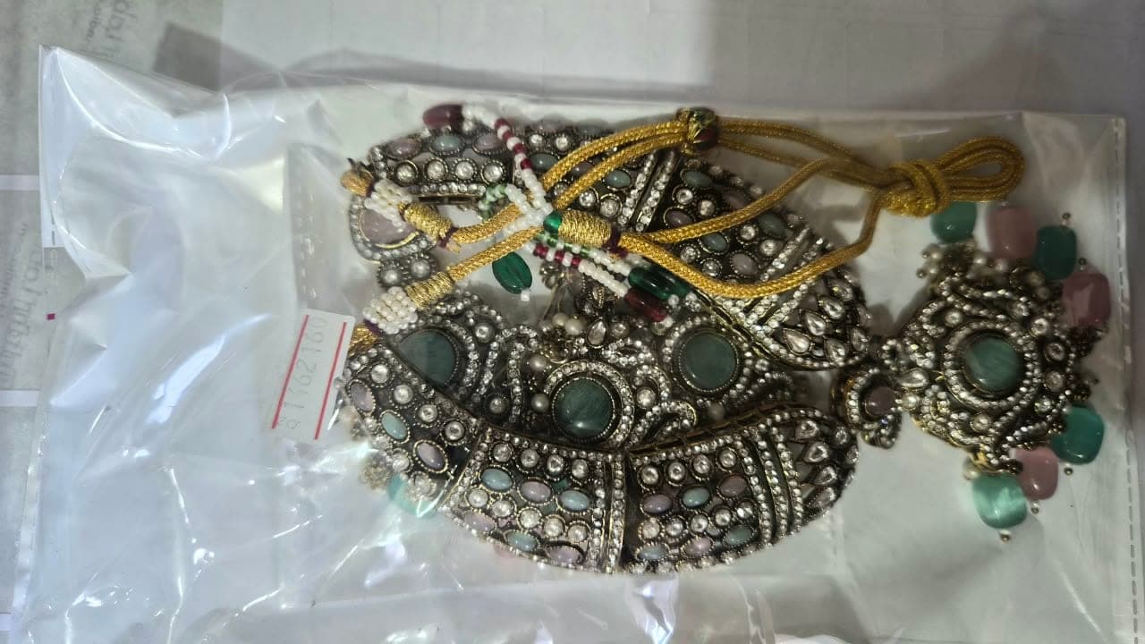 Royal Premium Moissanite Choker Necklace Set with Emerald Green & Pastel Pink Stone Embellishments - Jewellery at House of Radhya Kharar