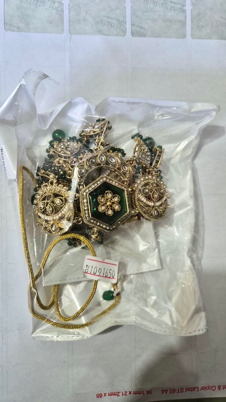 Majestic Antique Gold Moissanite Choker Necklace Set with Emerald Green Stonework & Intricate Royal Detailing - Lehenga at House of Radhya Kharar