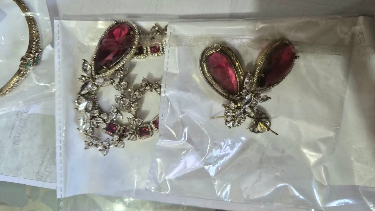 Elegant Ruby Pink Statement Necklace Set with Sparkling Crystal Detailing - Jewellery at House of Radhya Kharar
